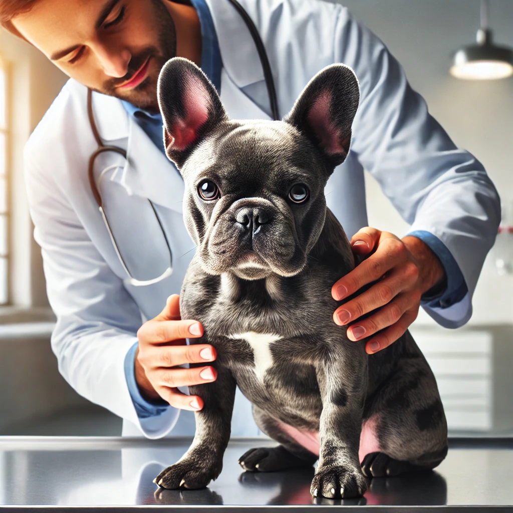 A doctor giving treatment to French Bull Dog for his health