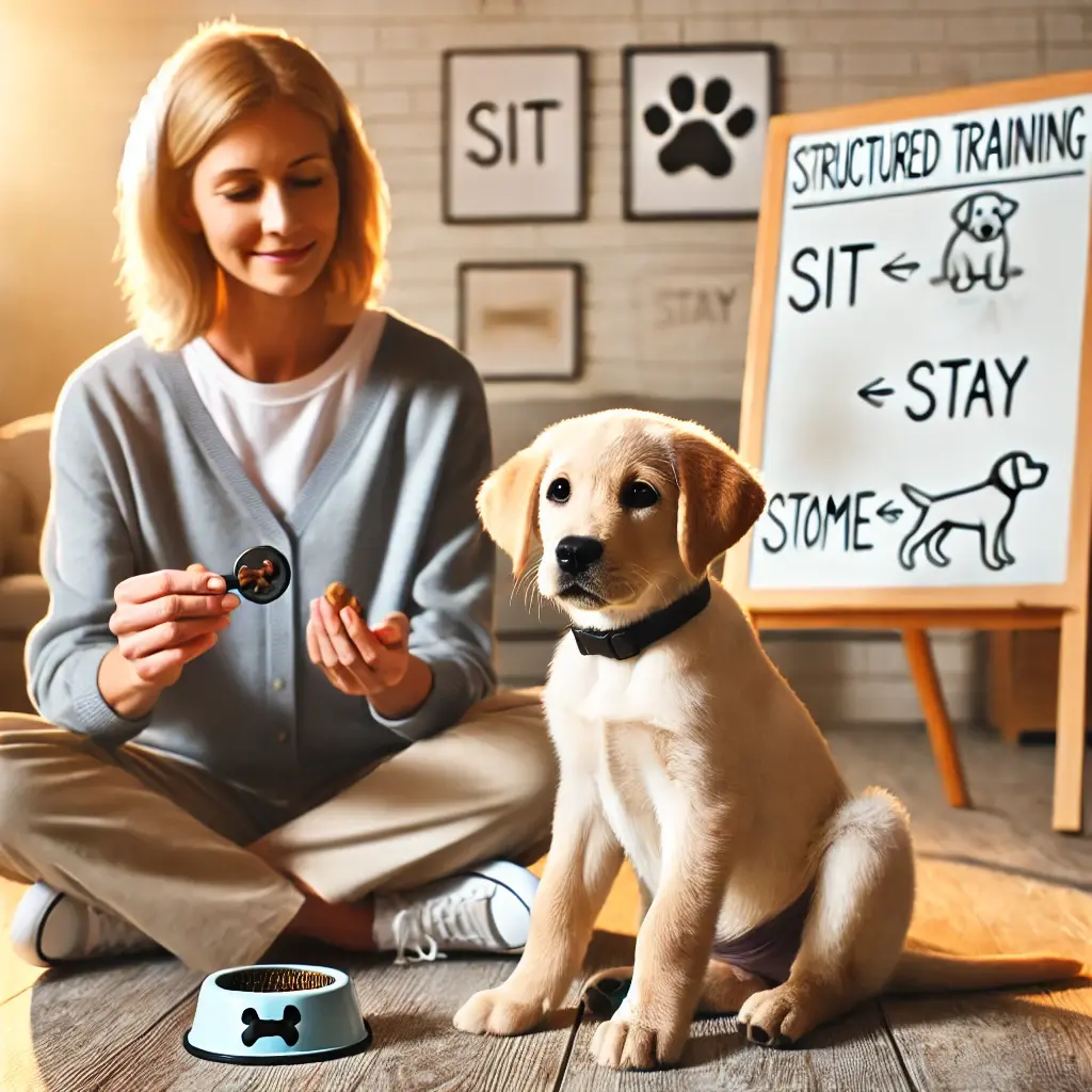 Labrador puppy with trainer and training plan
